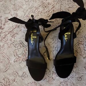 Lulu's Black Velvet Heels with Bow Detail